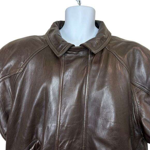 VTG Michael Hoban Brown Leather Bomber Jacket Unisex Short Sleeve Quilted Sz 38 - Picture 7 of 16